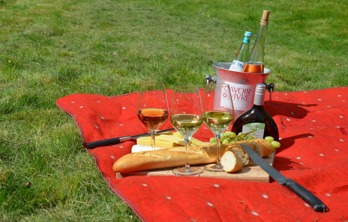 Photo wallpaper wine, cheese, glasses, bread, grapes, knife, Board, picnic