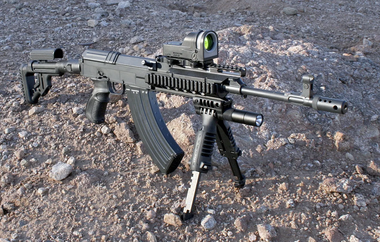 Photo wallpaper gun, Earth, weapon, tuning, stones, bipod, ground, carbine