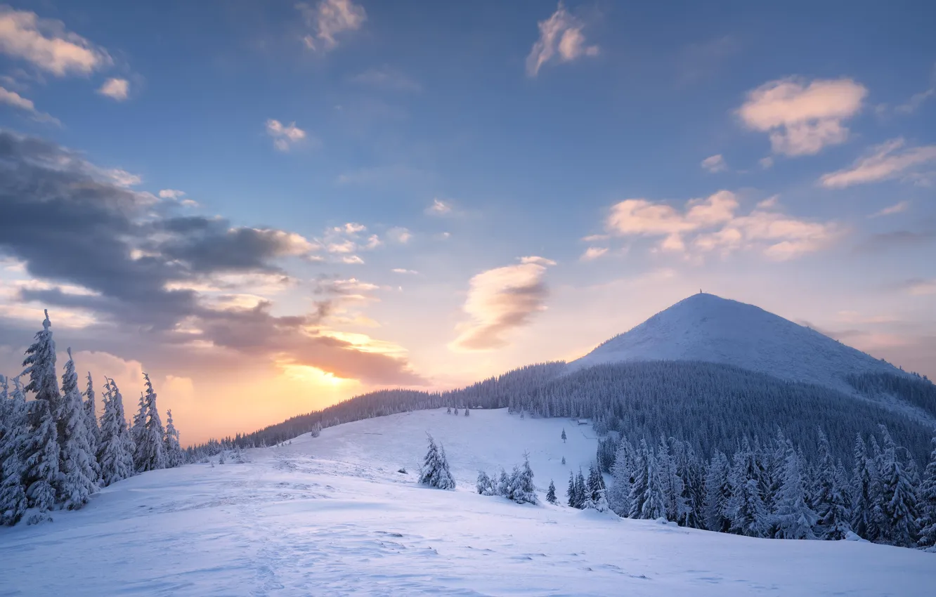 Photo wallpaper winter, sunset, mountains