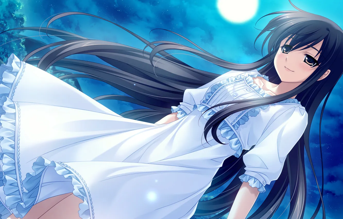 Photo wallpaper the sky, look, girl, stars, Park, the moon, anime, dress