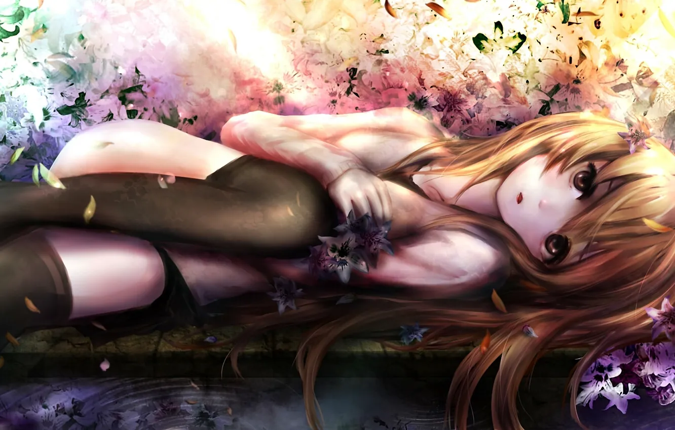 Photo wallpaper water, girl, flowers, art, lying, Aisaka Taiga, zhang xiao bo, Toradora