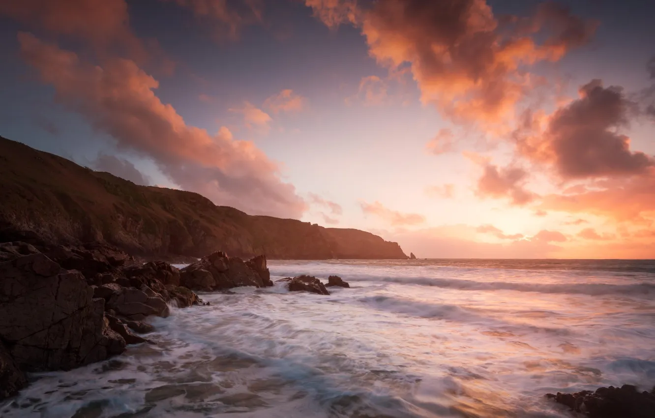 Photo wallpaper clouds, the ocean, rocks, dawn, shore