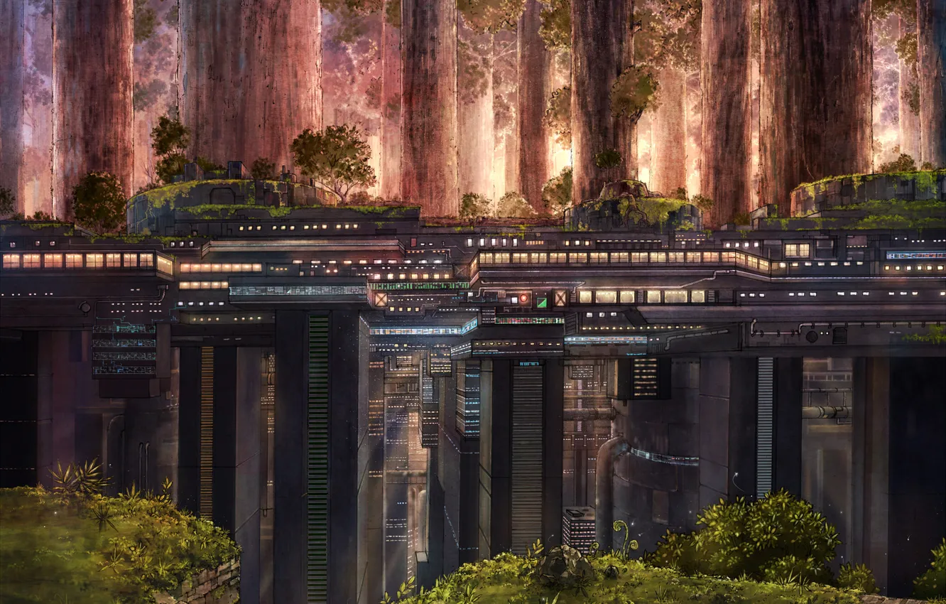 Photo wallpaper trees, landscape, vegetation, building