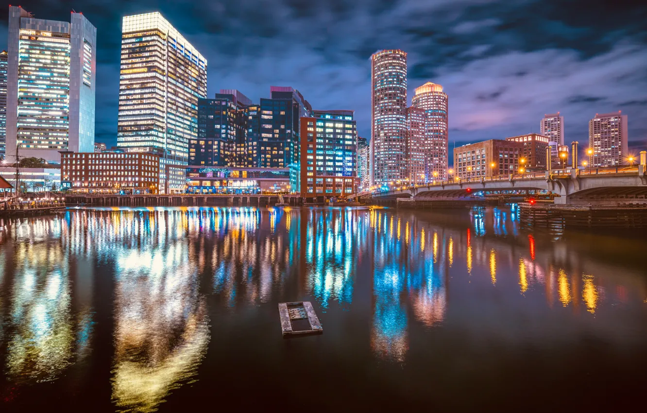 Photo wallpaper bridge, building, home, channel, night city, skyscrapers, Boston, Boston