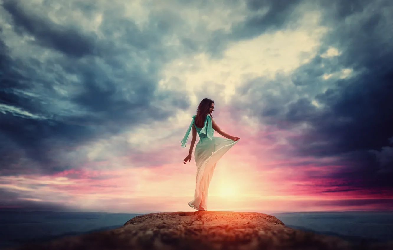 Photo wallpaper sea, the sky, girl, stones, dress, brunette