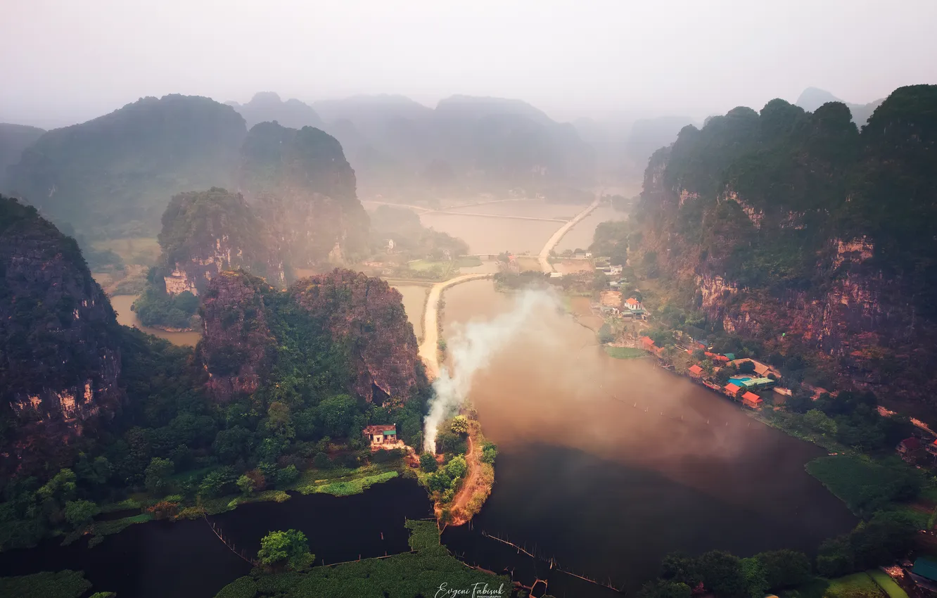 Photo wallpaper mountains, river, morning, haze, Vietnam, the village, Evgeni Fabis, Picturesque Landscape