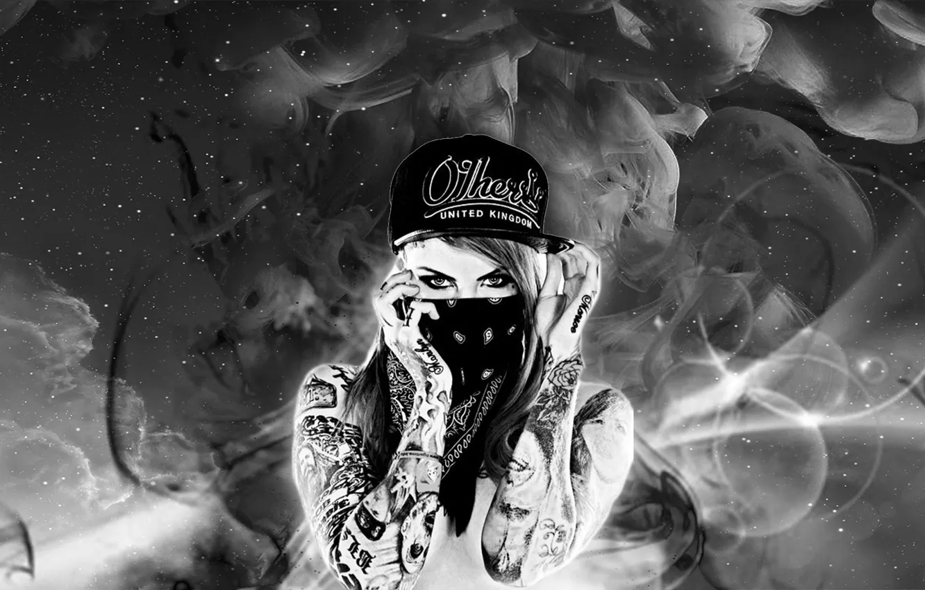 Photo wallpaper black&white, girl, smoke, tatoo, grayscale