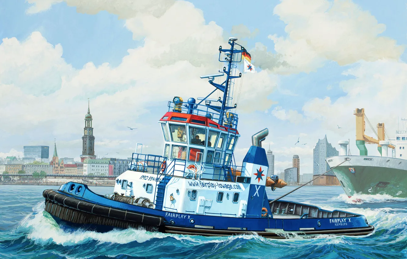 Photo wallpaper art, painting, ship, boat, Harbour Tug Boat &ampquot;Fairplay&ampquot;