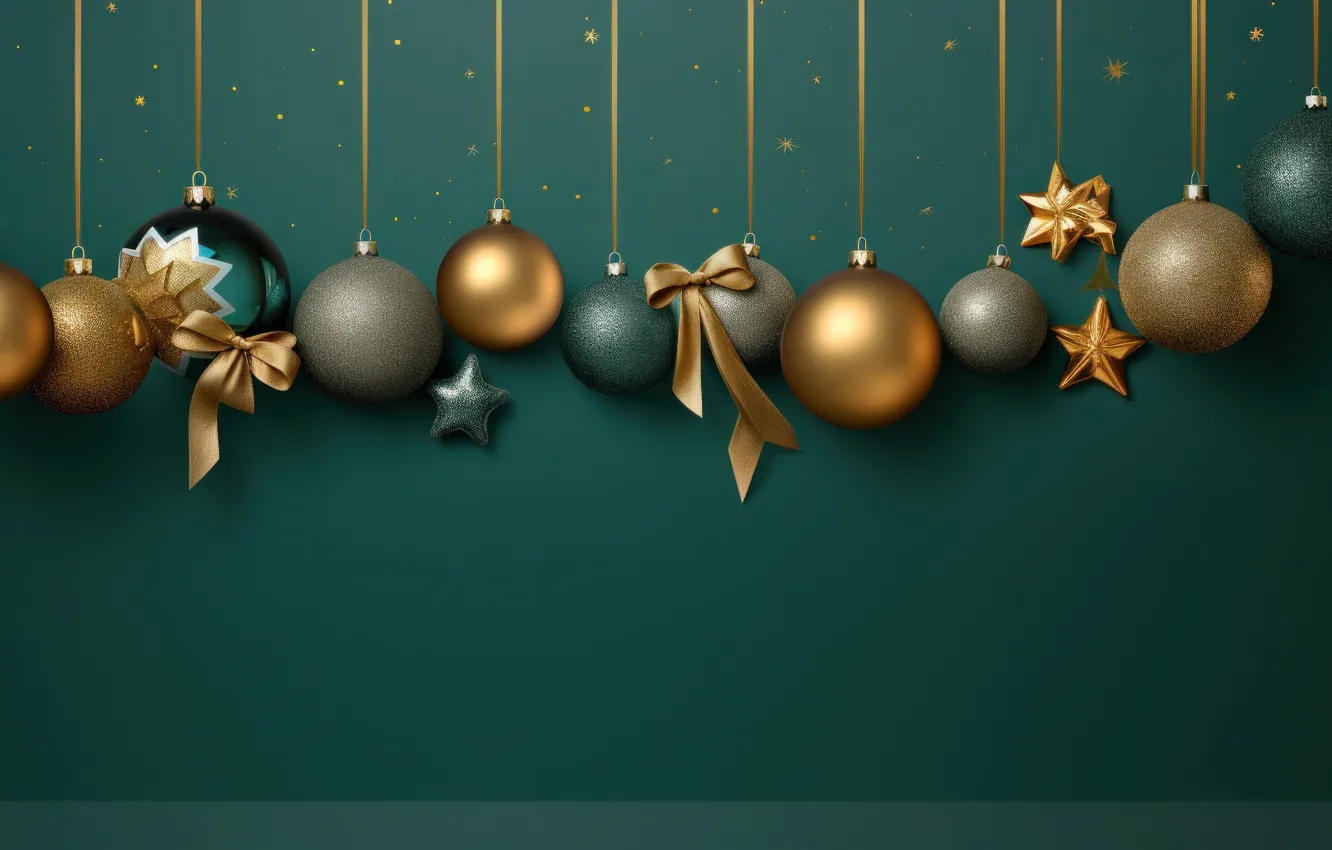 Photo wallpaper balls, green, Christmas, New year, green background, gold, side, Christmas decorations