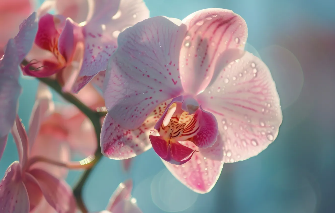 Photo wallpaper drops, flowers, pink, Orchid, blue background, AI art, neural network