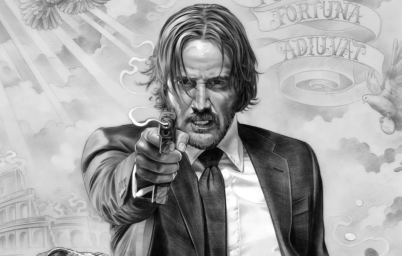 Photo wallpaper cinema, gun, pistol, weapon, man, movie, film, Keanu Reeves