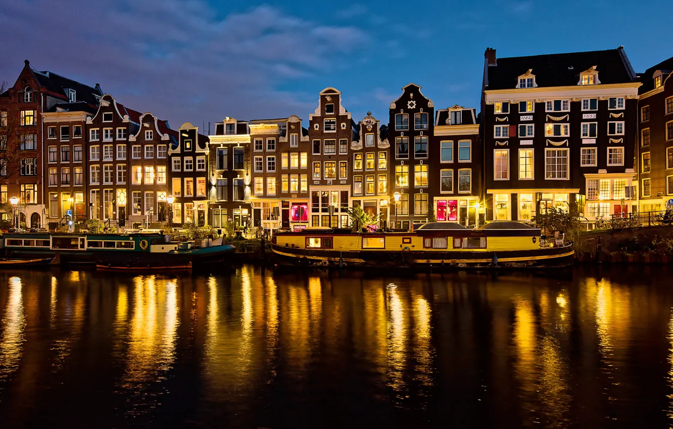 Photo wallpaper the sky, bike, lights, river, home, the evening, Amsterdam, lights
