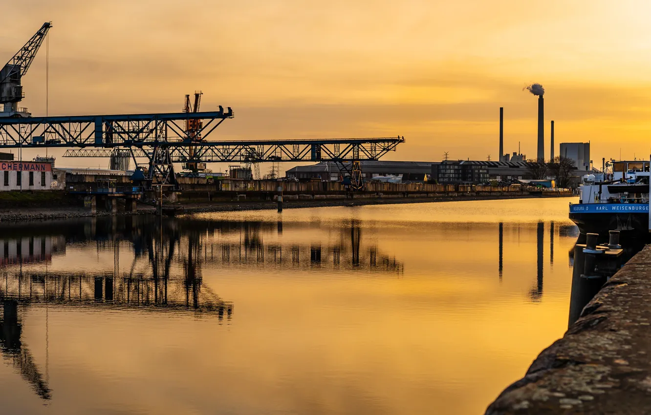 Photo wallpaper dawn, port, cranes