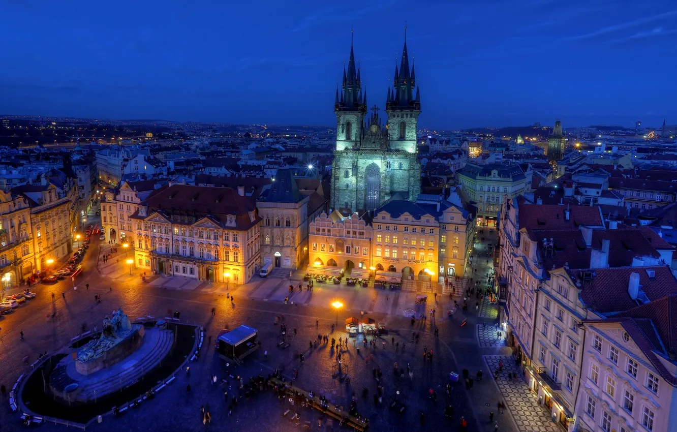 Photo wallpaper light, the city, people, building, road, the evening, roof, Prague