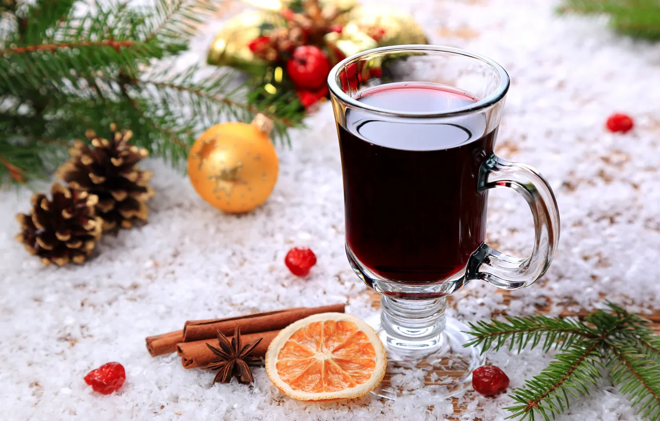 Photo wallpaper holiday, toys, spruce, drink, cinnamon, bumps, punch, candied