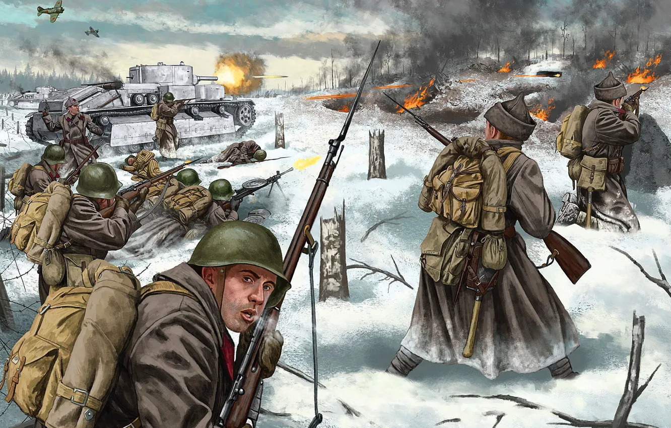 Photo wallpaper Battle, Soldiers, Tank, Shot, Russian, Attack, 1940, The Soviet-Finnish war
