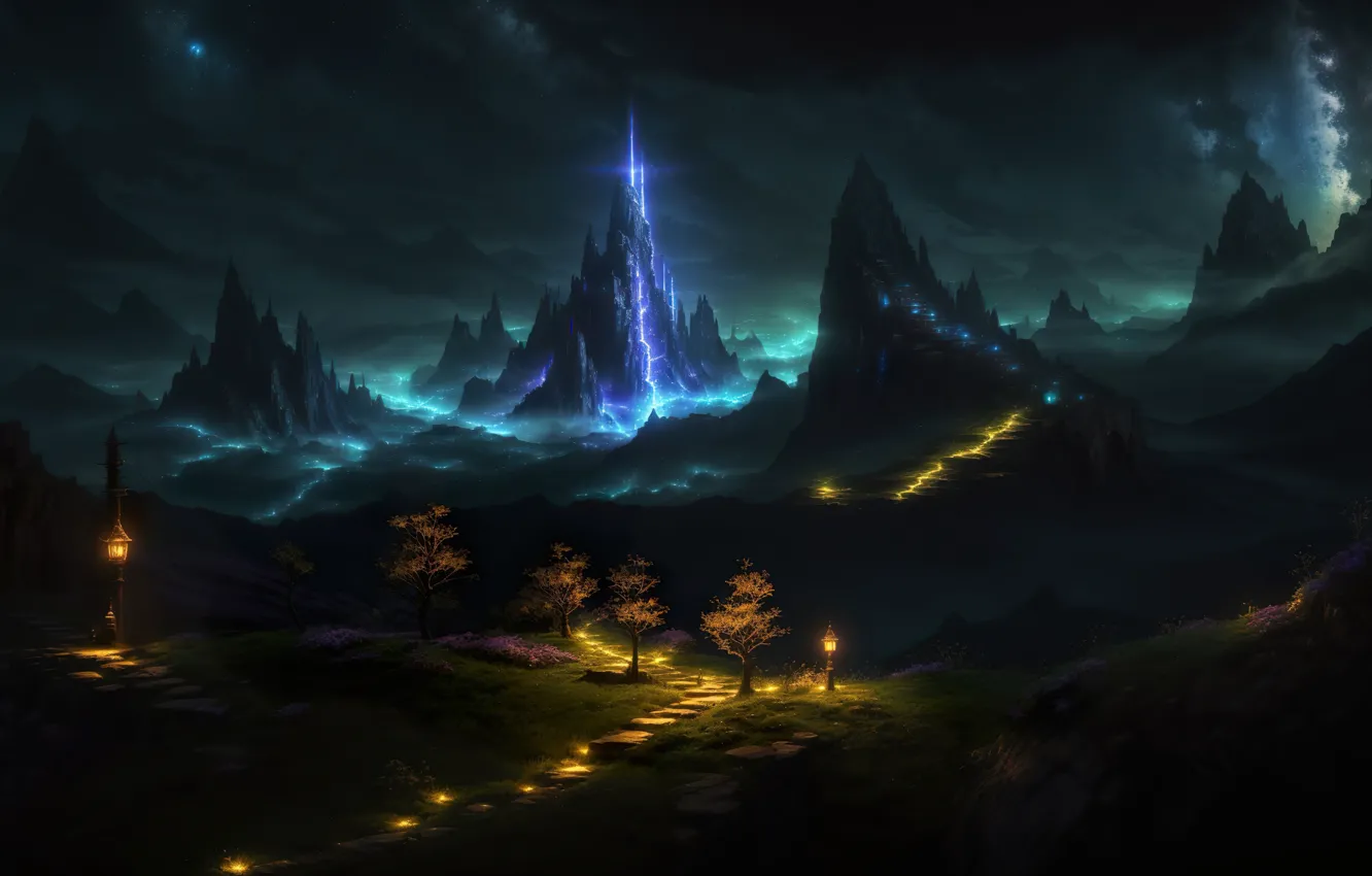 Photo wallpaper mountains, night, trail, valley, the night sky, digital art, art work Razor127, luminescent