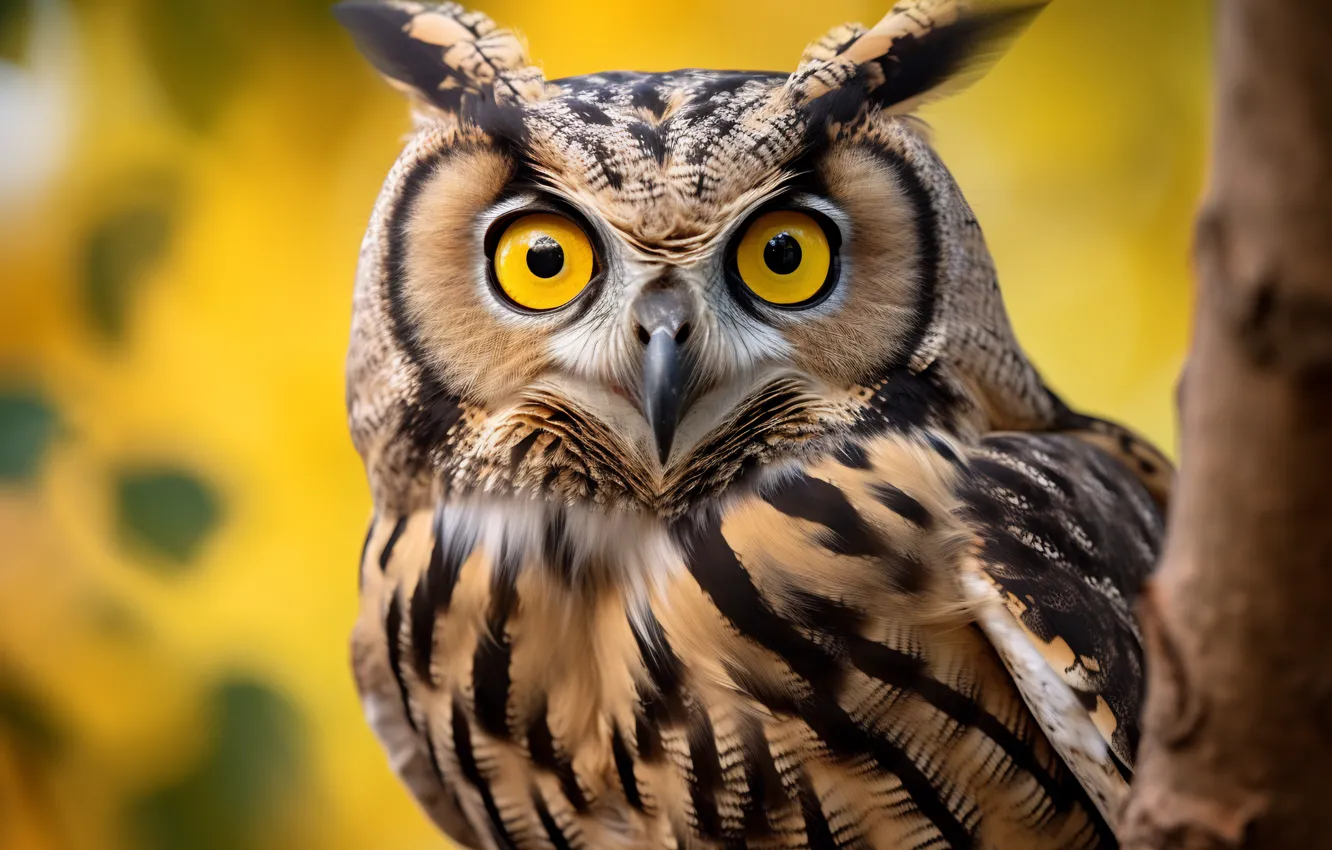 Photo wallpaper look, trees, nature, owl, bird, portrait, yellow background, owl