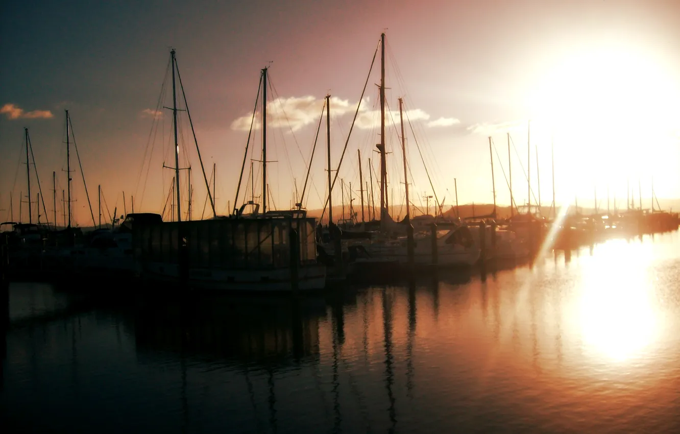 Photo wallpaper water, the sun, clouds, reflection, Yachts