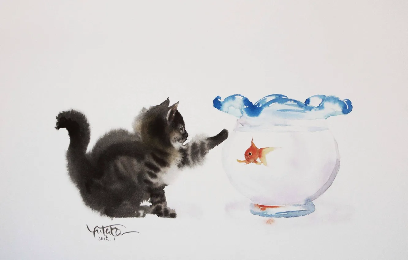 Photo wallpaper kitty, figure, aquarium, watercolor, goldfish, painting, picture, Yutaka Murakami