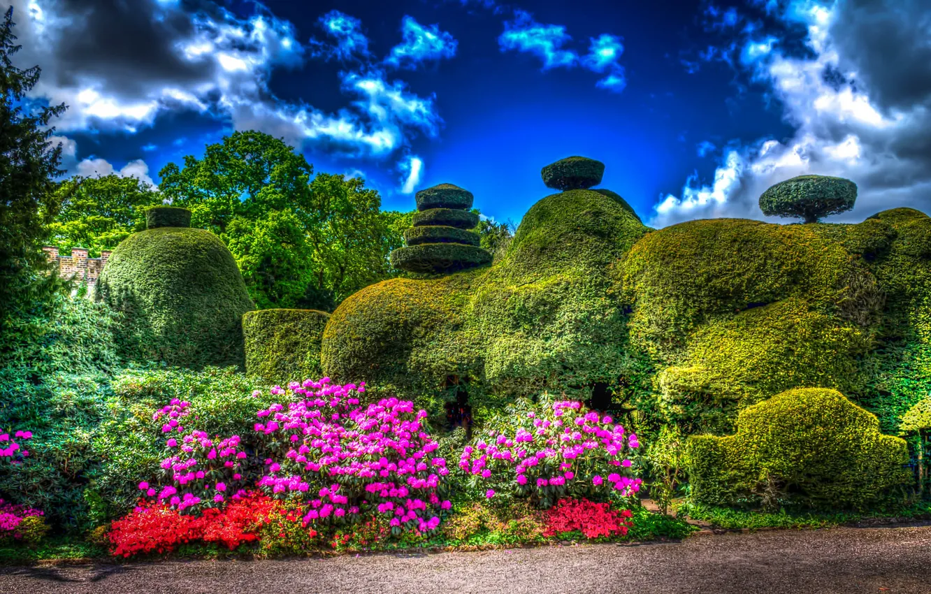 Photo wallpaper the sky, clouds, trees, flowers, design, Park, England, the bushes