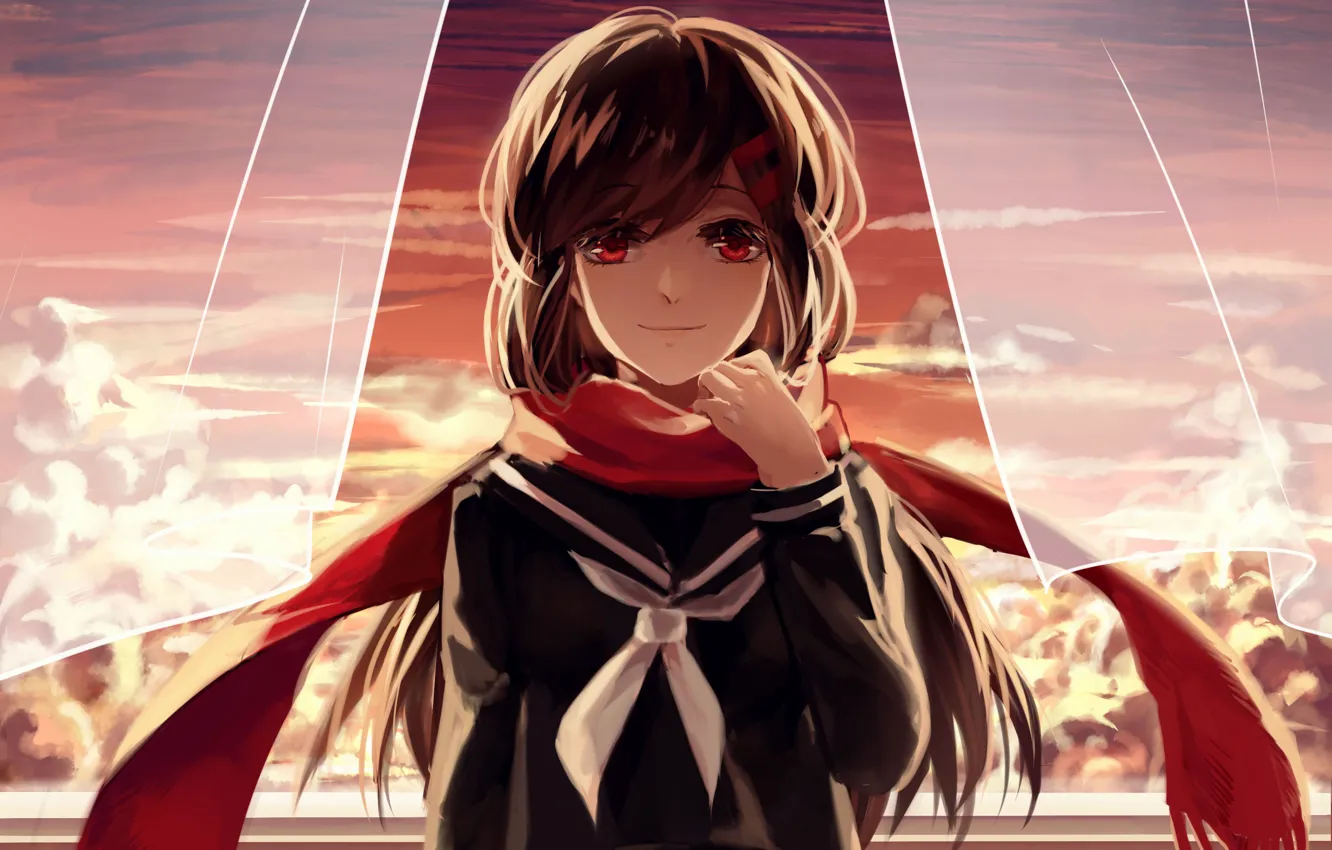 Photo wallpaper the sky, girl, clouds, sunset, anime, scarf, art, kagerou project