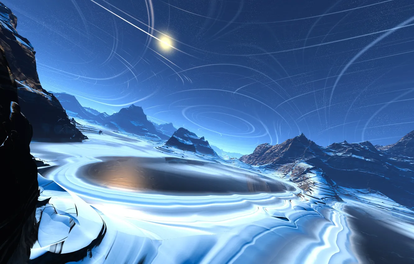 Photo wallpaper cold, ice, water, line, lake, rocks, art