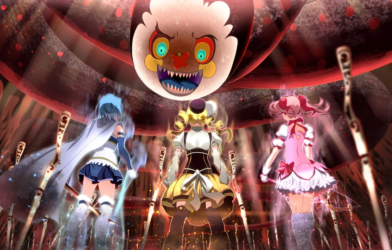 Photo wallpaper art, skyt2, mahou shoujo madoka magica, madoka kaname, sayaka miki, Tomoe Mami