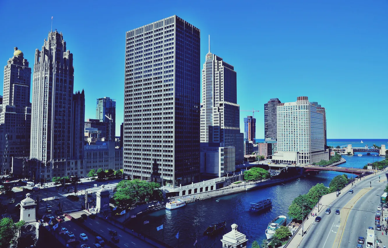 Photo wallpaper river, movement, street, skyscrapers, Chicago, America, Chicago, the view from the top