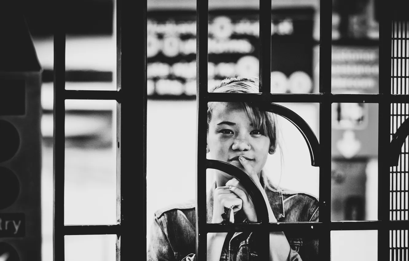 Photo wallpaper white, girl, the fence, black