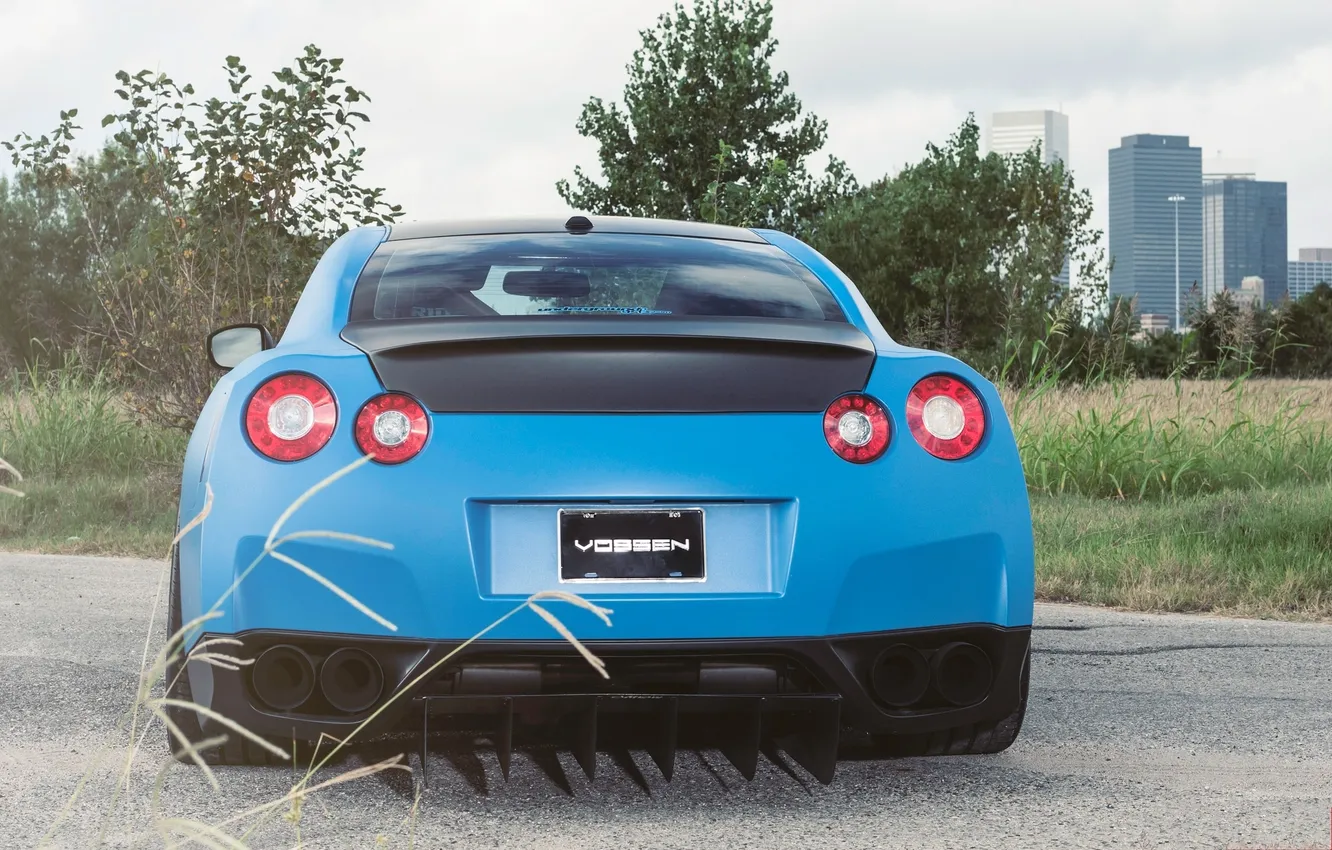 Photo wallpaper trees, blue, black, GTR, the trunk, Nissan, Nissan, blue