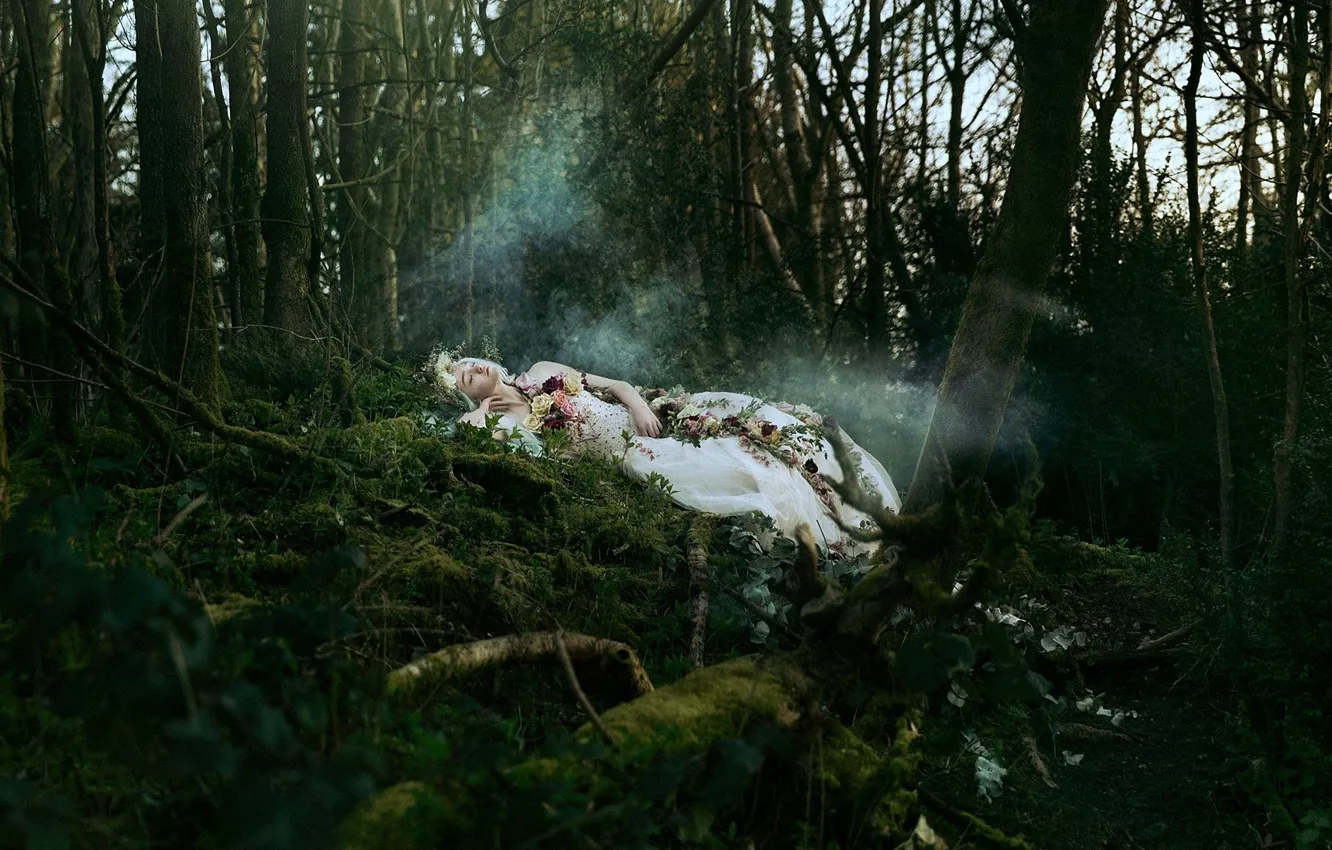 Photo wallpaper forest, girl, flowers, the situation, sleeping, Bella Kotak, A silent song