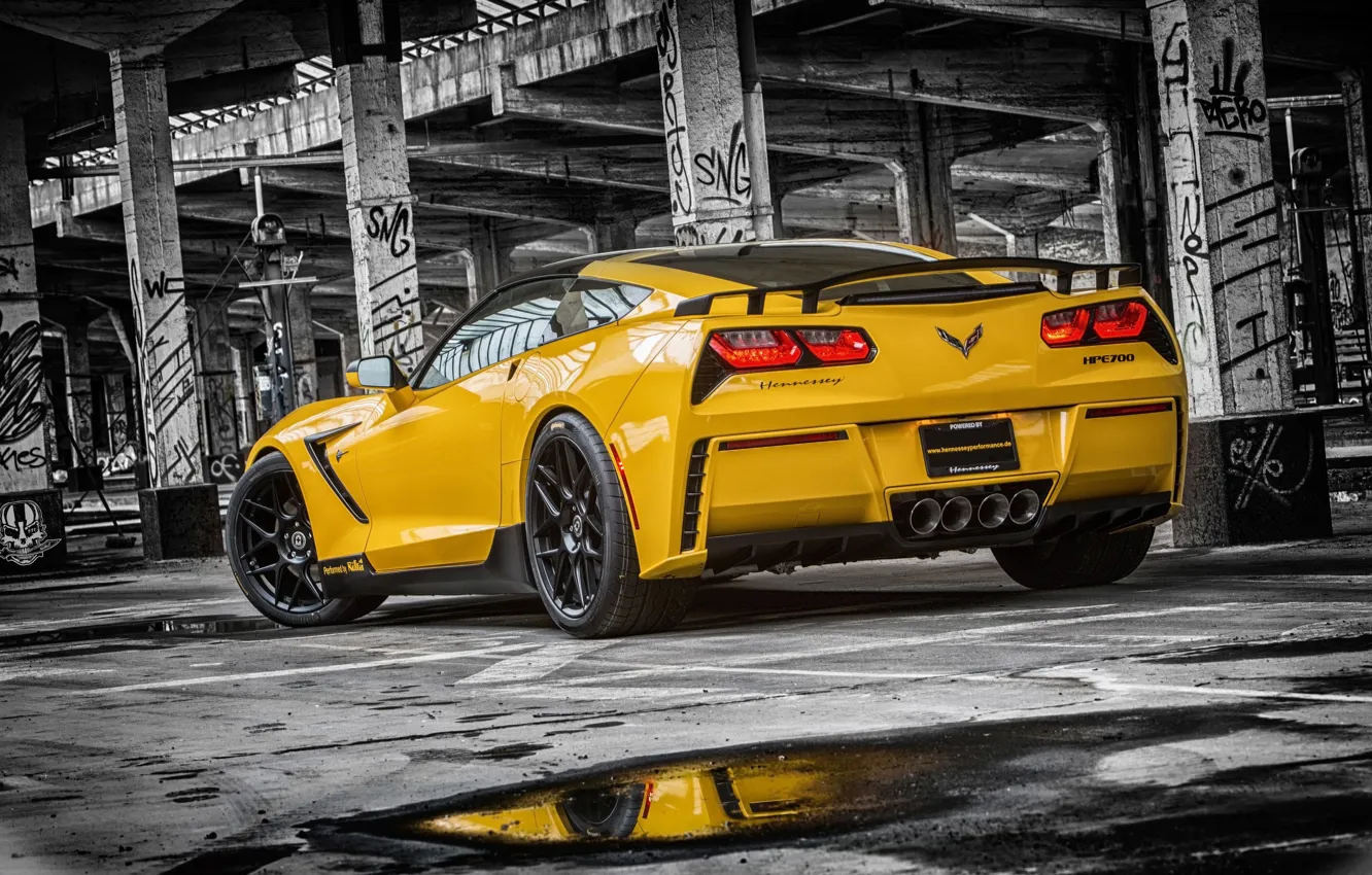 Photo wallpaper Corvette, Chevrolet, Muscle, Car, Yellow, Stingray, Rear, HPE700