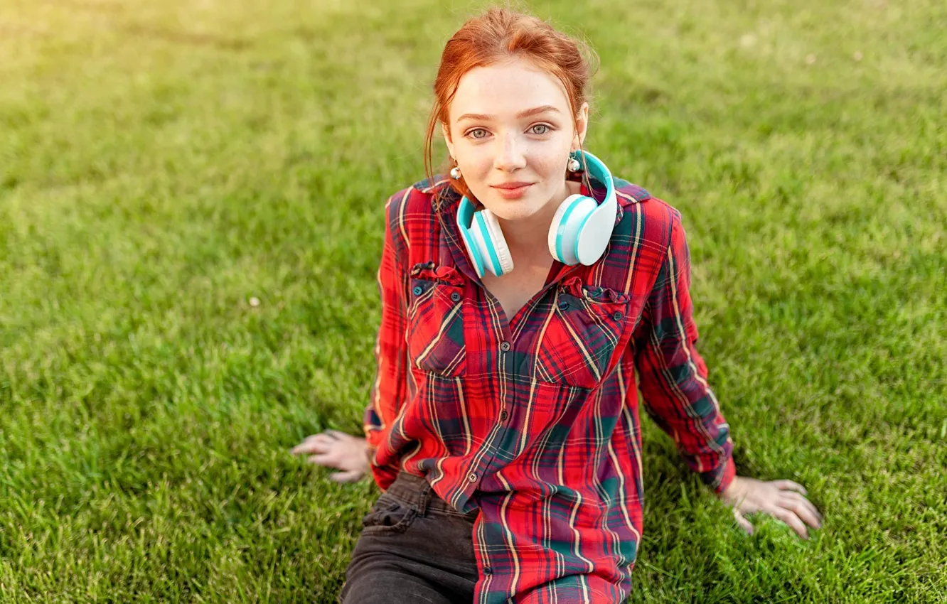 Photo wallpaper girl, headphones, red, Andrii Afanasiev