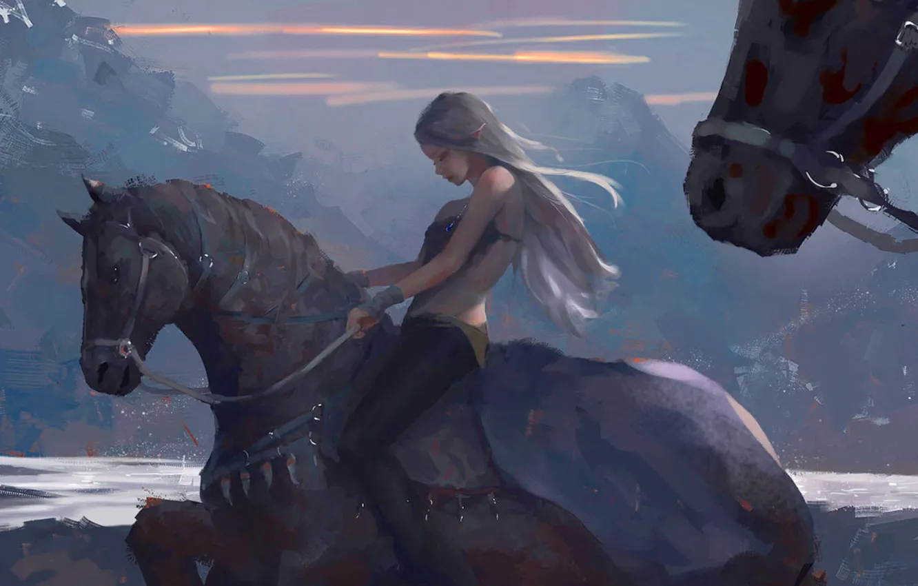 Photo wallpaper girl, fantasy, mountains, horses, painting, elf, artwork, fantasy art