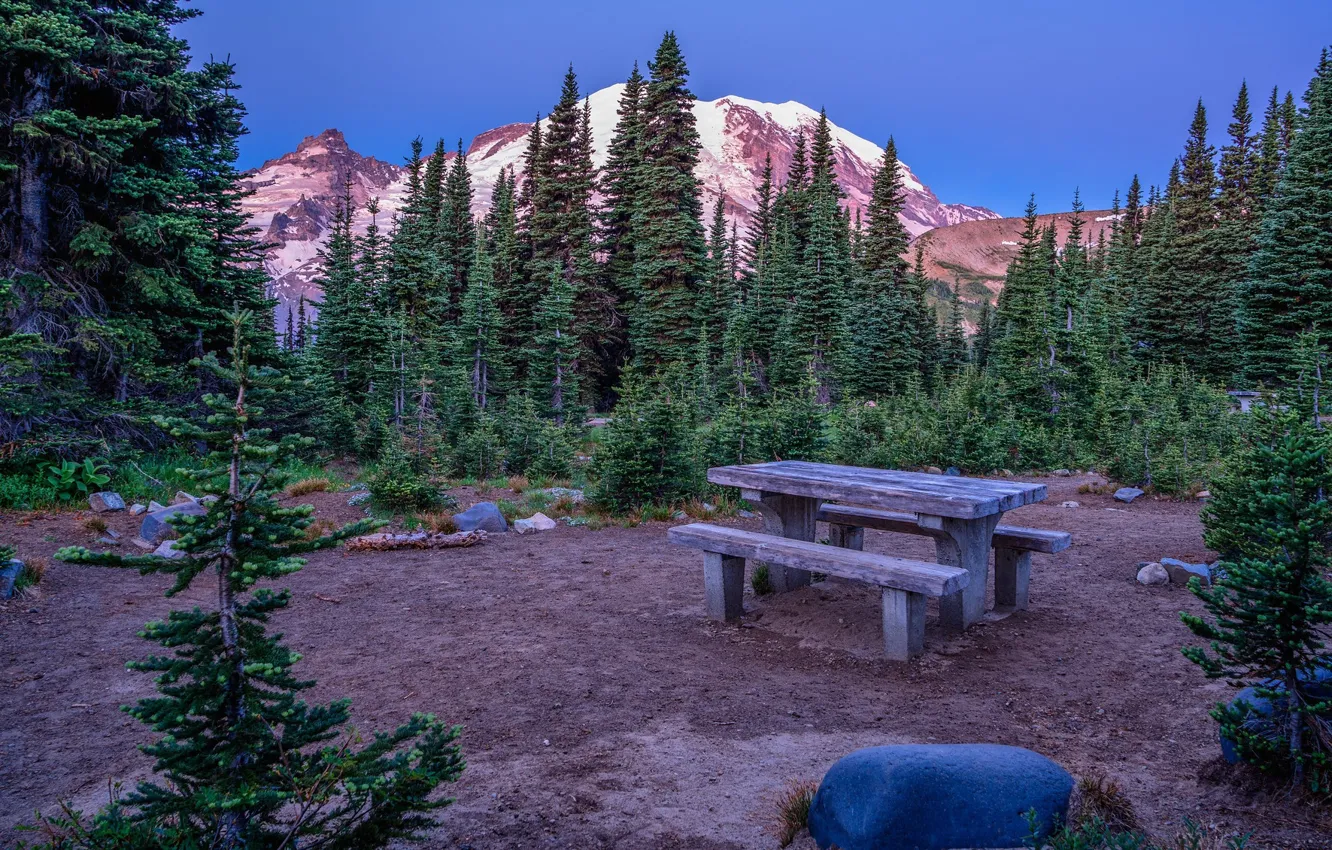 Photo wallpaper mountains, table, benches