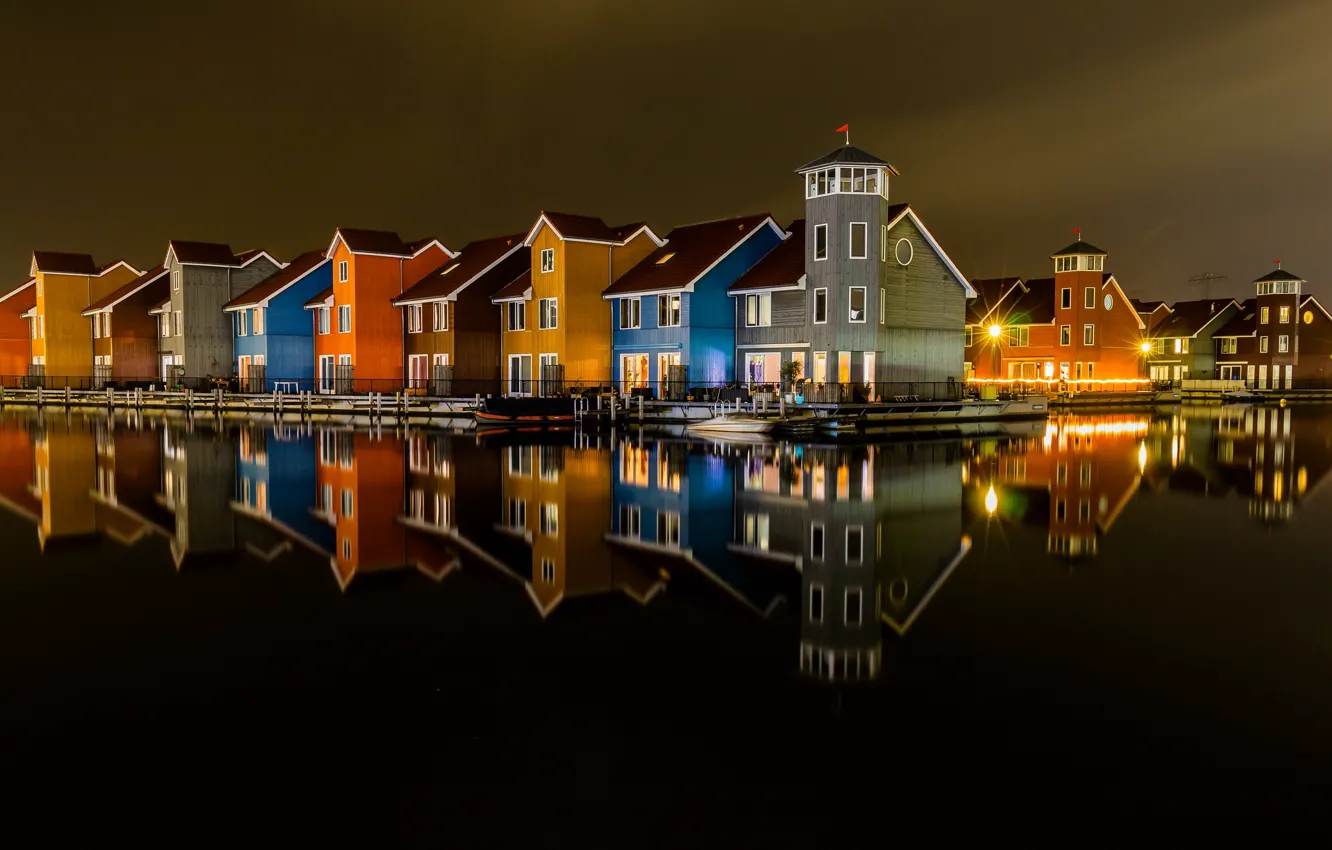 Photo wallpaper lights, the evening, backlight, channel, Netherlands, Holland, Groningen