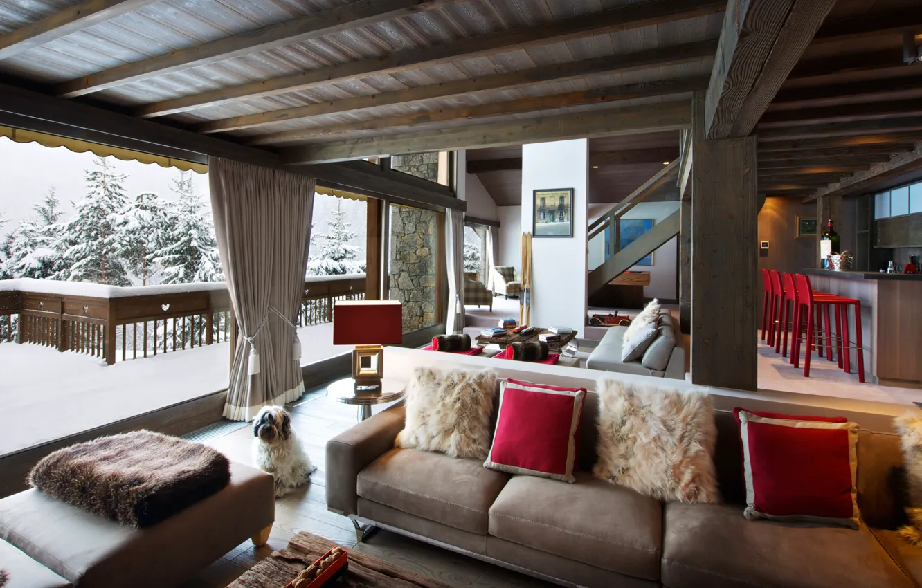 Photo wallpaper snow, sofa, home, dog, bar, window, balcony, table