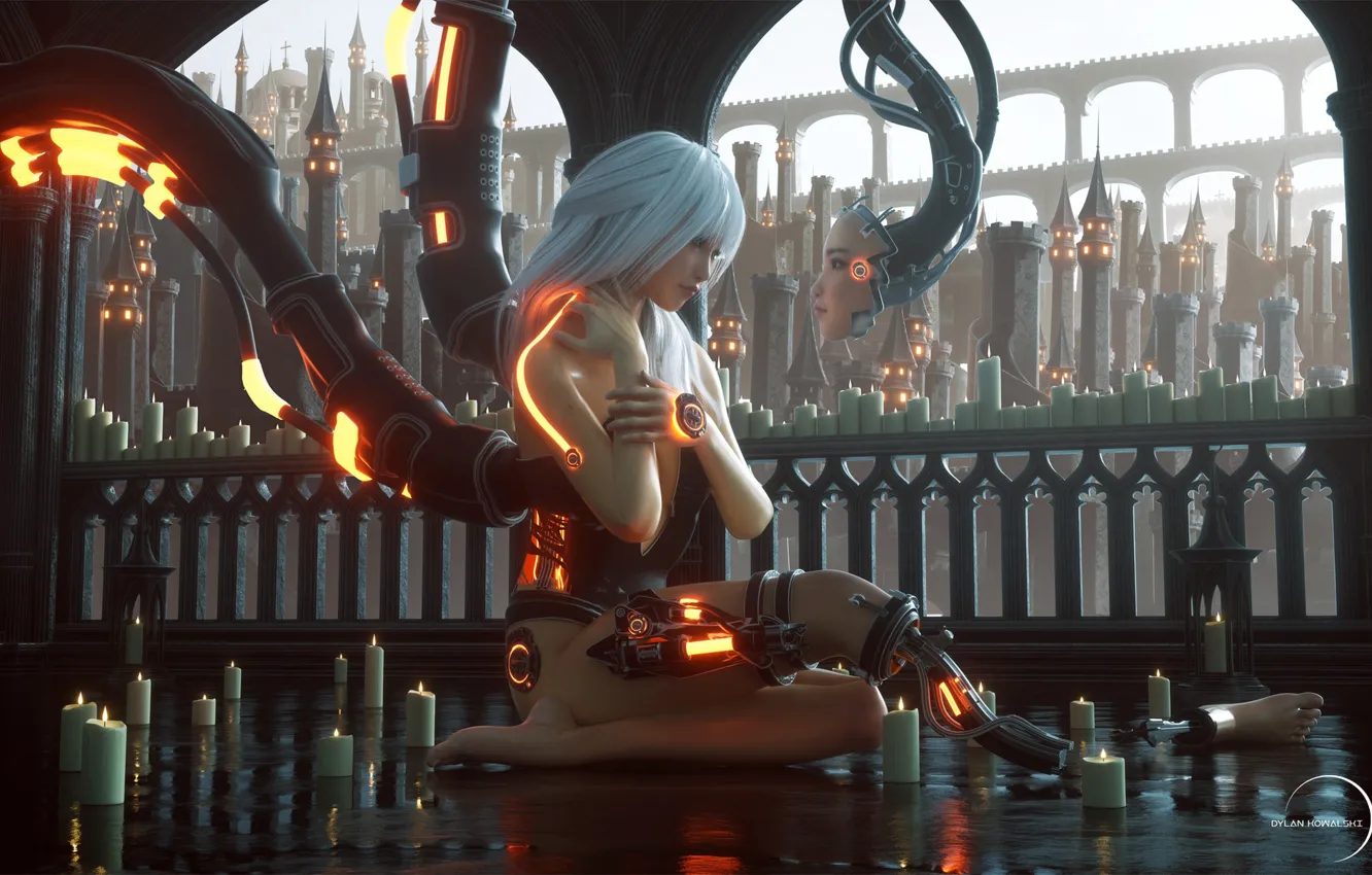 Photo wallpaper wire, tower, candles, fence, cyborg, Android, on the floor, white hair