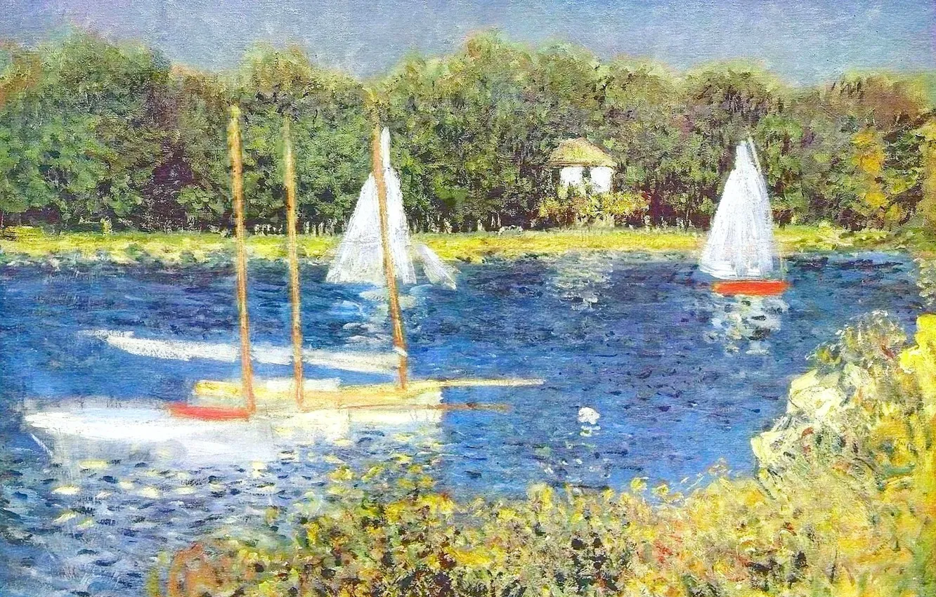 Photo wallpaper landscape, river, boat, picture, sail, Claude Monet, The Seine at Argenteuil