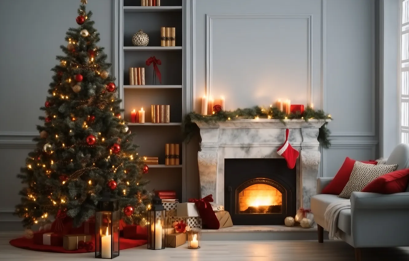 Photo wallpaper room, tree, new year, interior, Christmas, fireplace, Christmas, view