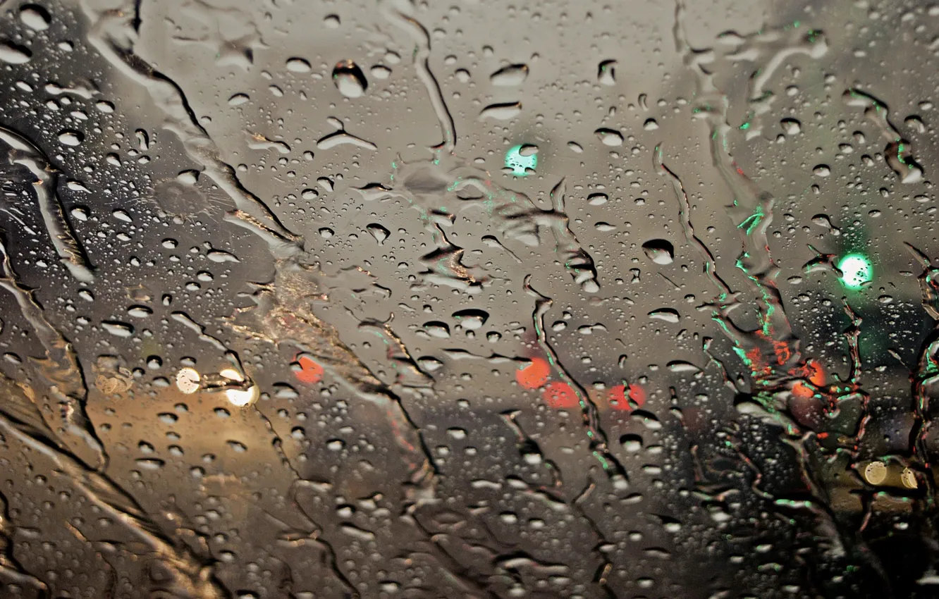 Photo wallpaper wet, glass, drops, macro, lights, rain