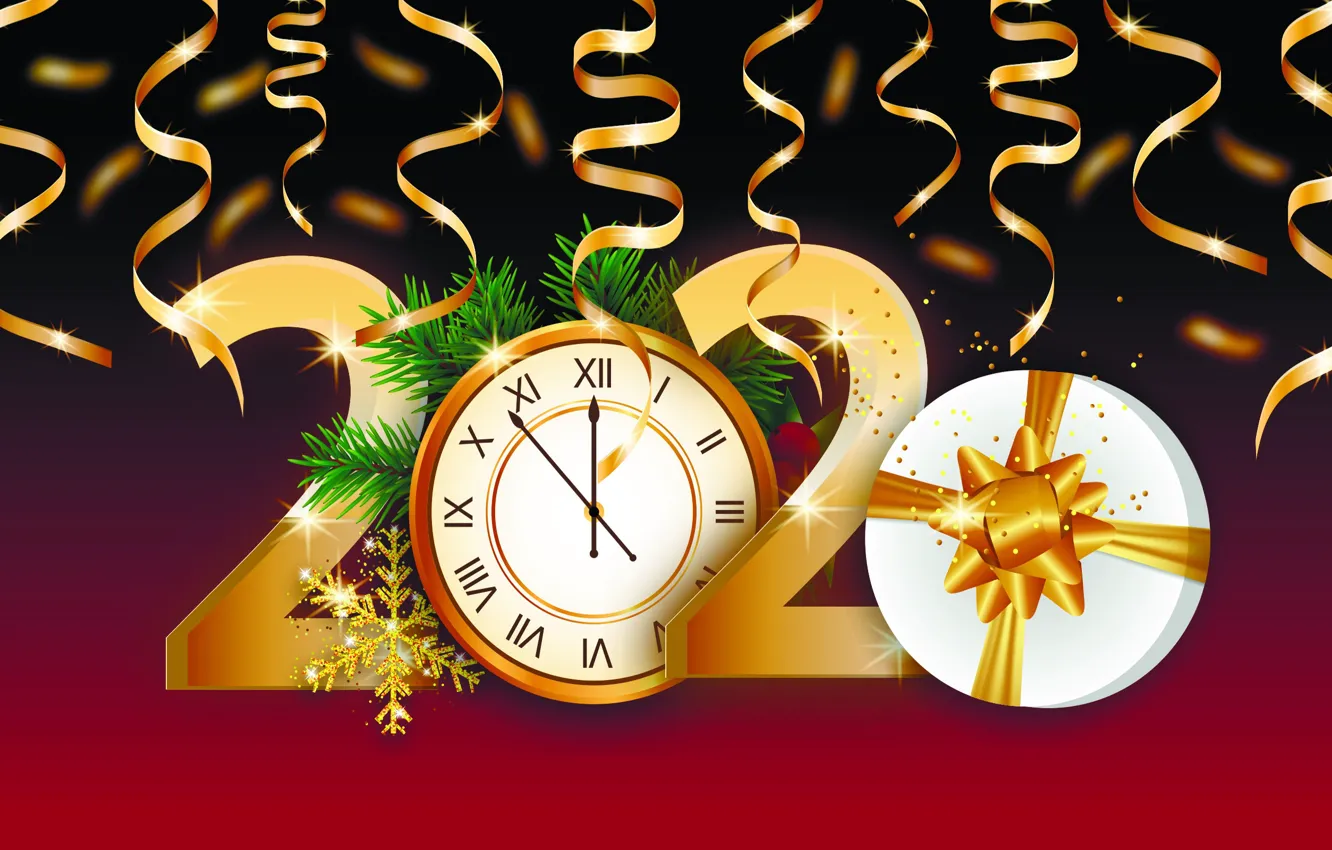Photo wallpaper photo, Watch, Snowflakes, New year, Gifts, 2020, Vector graphics