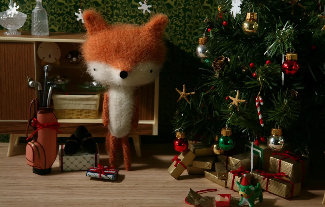 Photo wallpaper holiday, gift, toy, tree, new year, Fox, plush