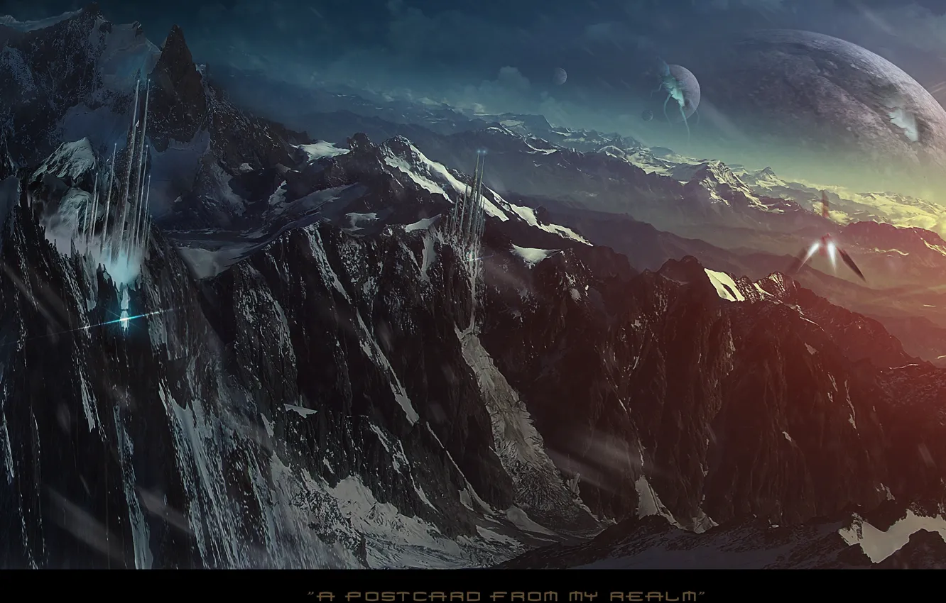 Photo wallpaper mountains, rocks, planets, spaceships