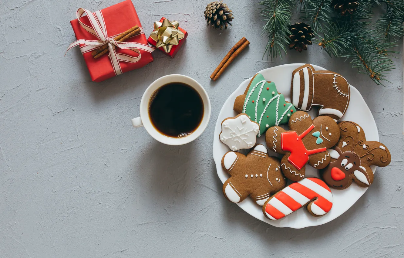Photo wallpaper Coffee, New year, Holiday, Gift, Cookies, Treat