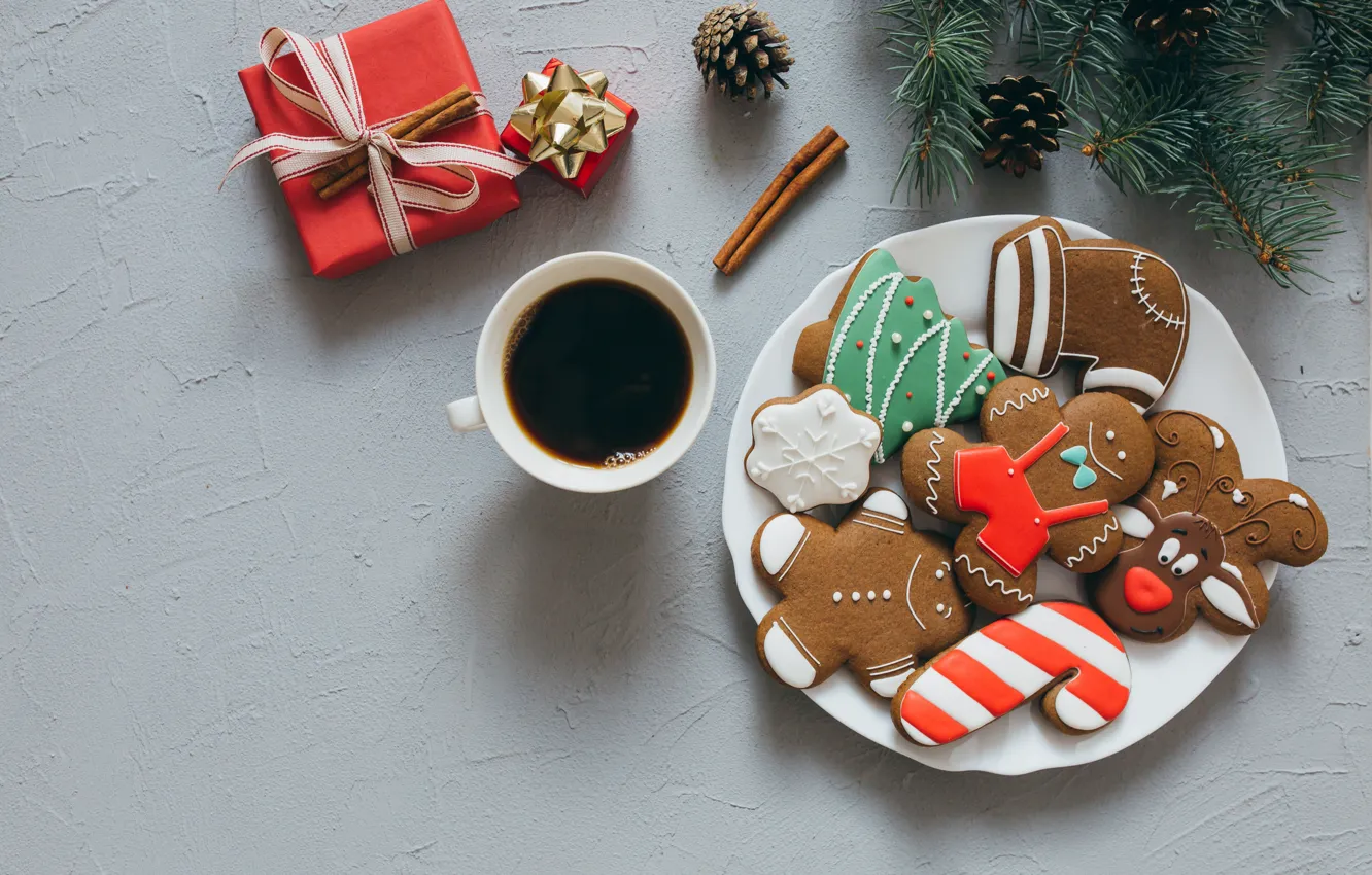 Photo wallpaper holiday, gift, new year, coffee, cookies, treat