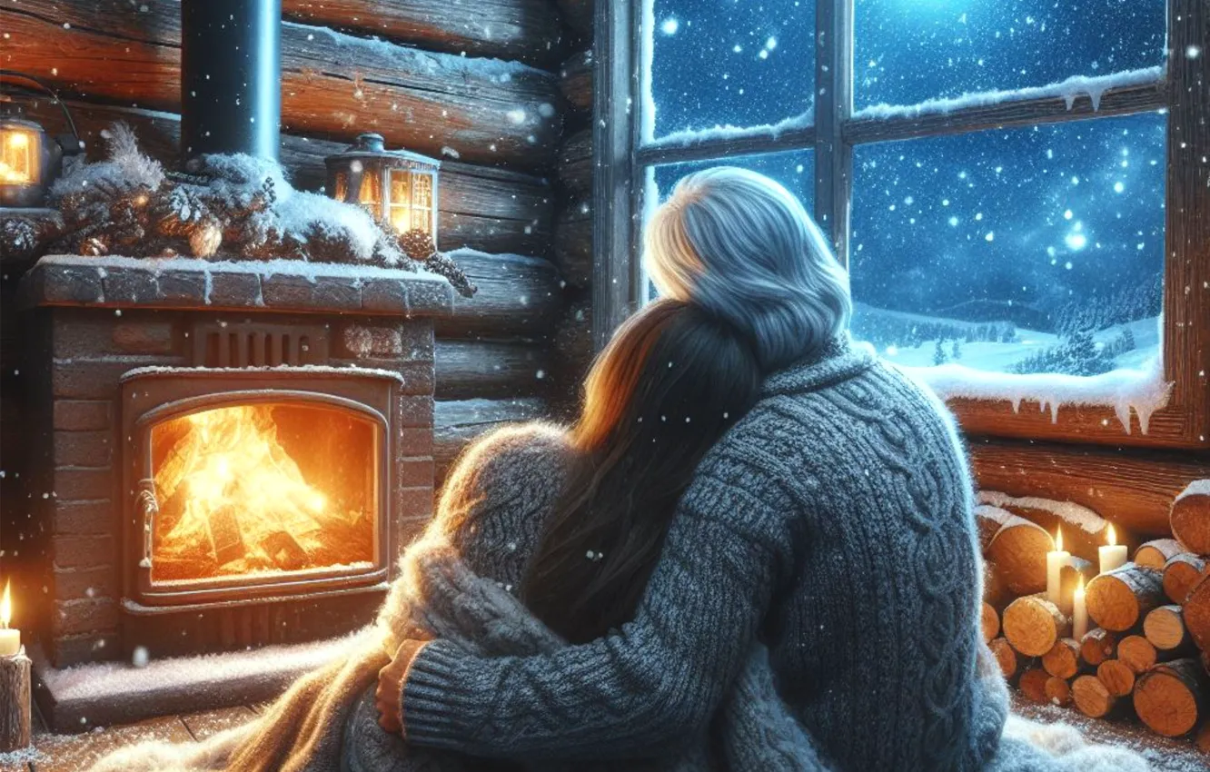 Photo wallpaper girl, night, room, woman, new year, family, window, hugs