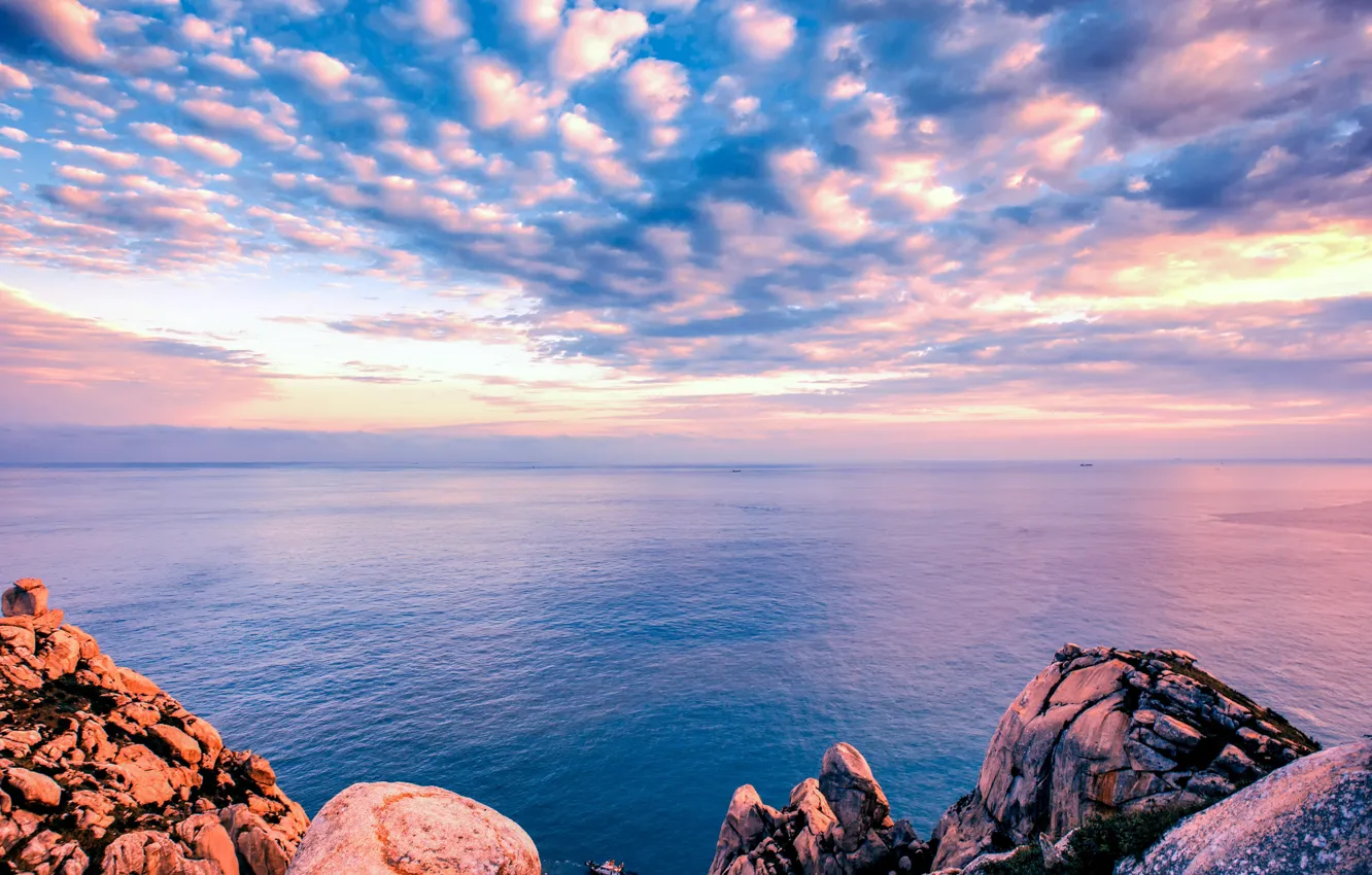 Photo wallpaper sea, the sky, clouds, sunset, the ocean, rocks, sky, sea