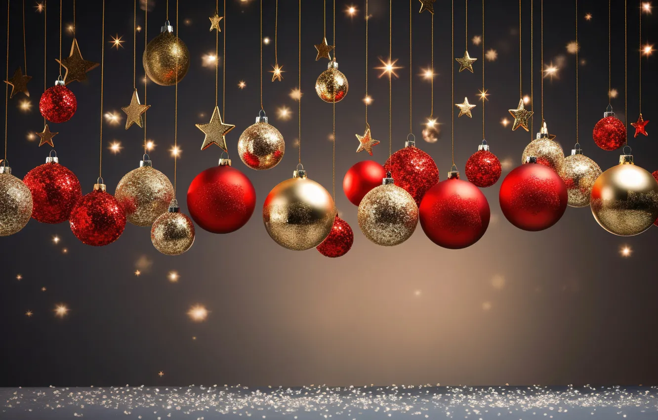 Photo wallpaper stars, decoration, balls, new year, Christmas, red, golden, Christmas